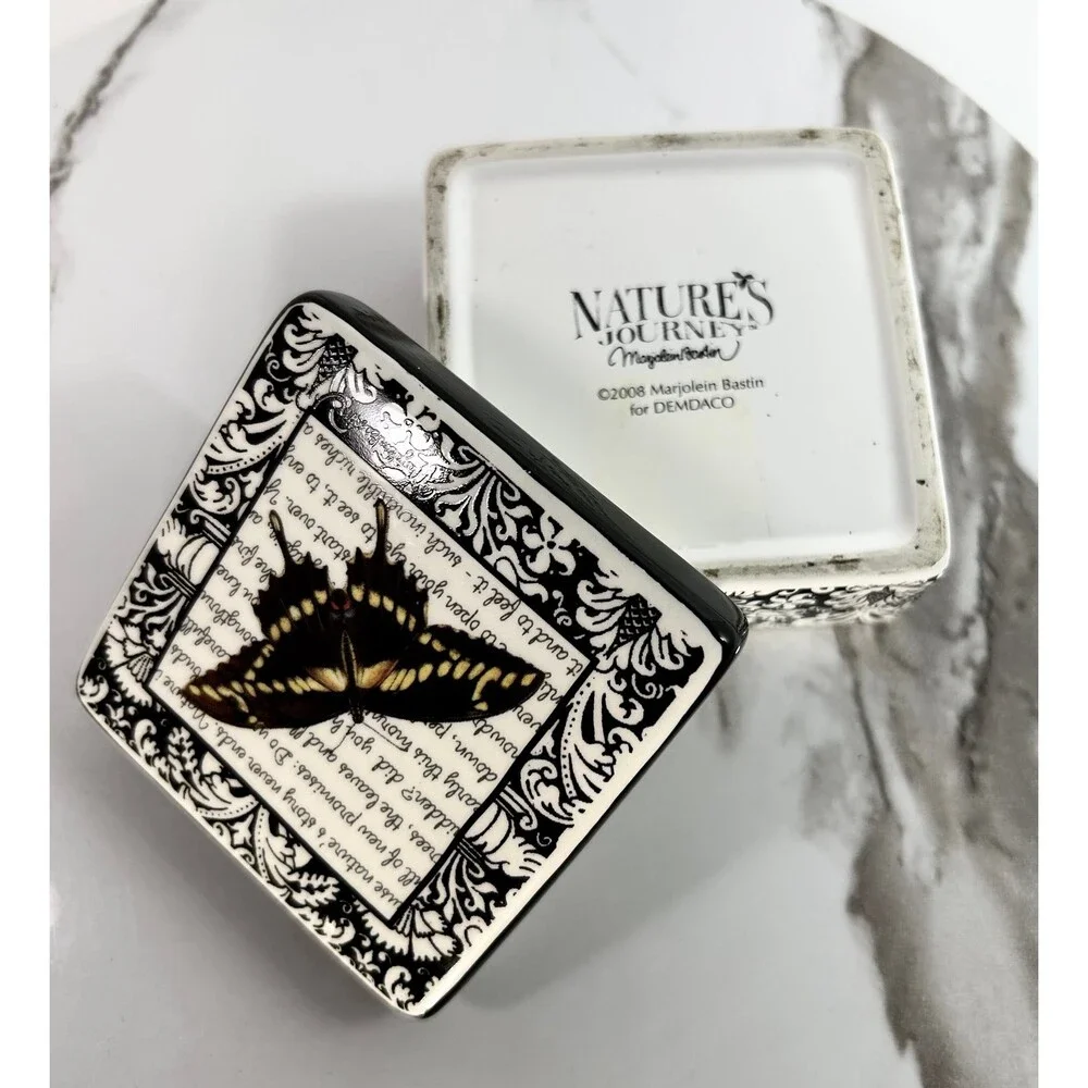 Swallowtail Butterfly ceramic Trinket Jewelry Box Black and White Demdaco